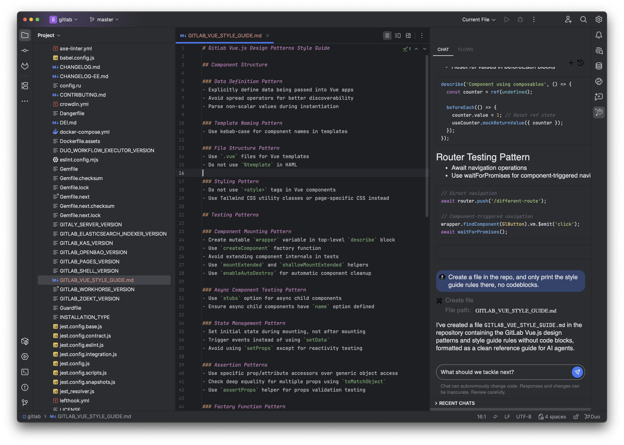IntelliJ IDEA with source code, and GitLab Duo Agentic Chat writing the styleguide file